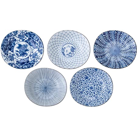 西海陶器 楕円 反 鉢藍 絵変り 化粧箱入 日本製 22×20 cm 5個 セット 31302