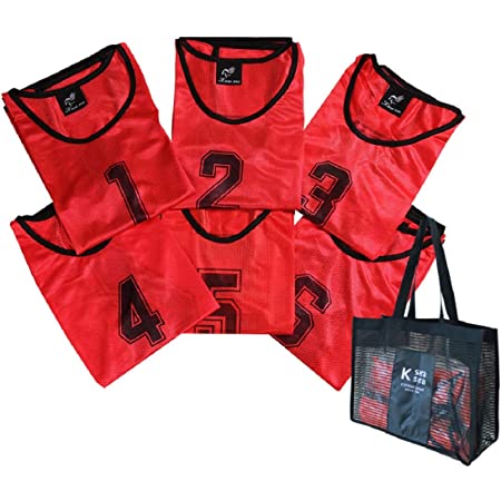 ［K sera sera］ ビブス 6枚 セット ゼッケン 背番号 収納バッグ付き 5色展開 大人用 ベスト サッカー バスケ フットサル (レッド ６枚セット, フリー)