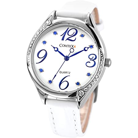Comtex 腕時計 ホワイト皮革 バンド ウォッチ ローズゴールド 可愛い 丸い 時計 レディース