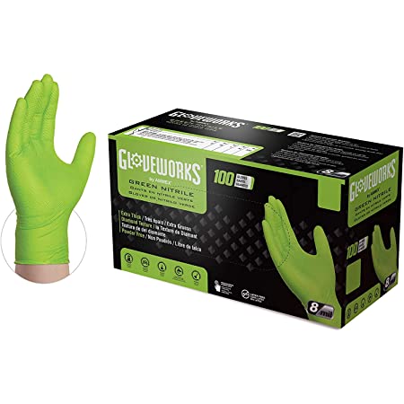 Gloveworks HD ニトリル手袋 ダイヤモンドテクスチャード グリップ付き ラテックスフリー パウダーフリー 使い捨て手袋 工業用 作業用 GWGN48100-BX (1箱100枚入り, 0.2mm, グリーン) (XL)