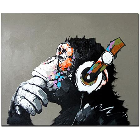 Fokenzary完全手書き 絵画 壁掛け油彩画音楽を聴く猿抽象画現代ポップアート玄関、リビングと寝室の飾りに最高24x32in(60cm x 80cm)