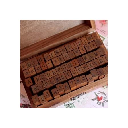 HUSTON LOWELL ヴィンテージ木製ゴム製文字番号スタンプセット + カラフルなインクパッド – 多目的DIY日記カードスタンプクラフト アルファベット文字番号記号70個 (6歳以上に適しています)