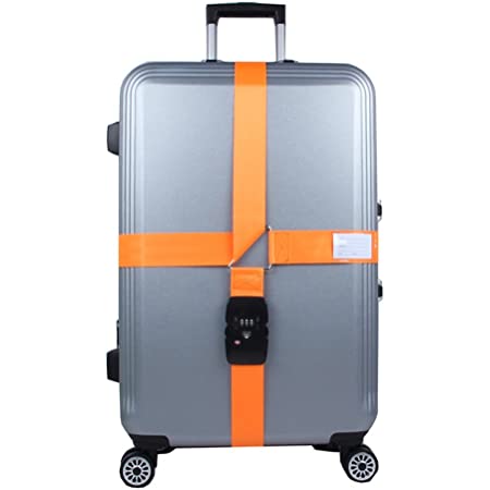 スーツケースベルト　TSAロックベルト　ロック搭載ベルト　トランクベルト　ネームタグ　ダイヤル式　十字型　調整可能　人気　おしゃれ　盗難防止　海外旅行用　出張用　収納バッグ付き　オレンジ