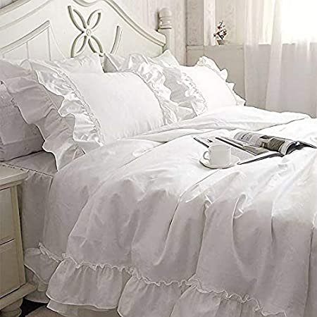 綿100％姫系寝具カバー/レース付きフリル模様アイボリーの掛け布団カバー/枕カバー シングル