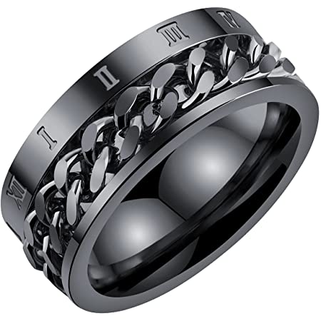 [ティンティンローズ]TingTing Rose ステンレス製 メンズ リング 指輪 回転可能なチェーンテザー ローマ数字 リング 男性指輪 日本サイズ：19号 ブラック