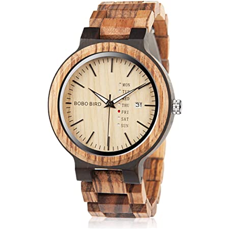 BOBO BIRD Mens Wooden Watch ボボバード メンズ 男性用 木製腕時計 アナログクォーツ 日付週表示 軽量(ブラウン)