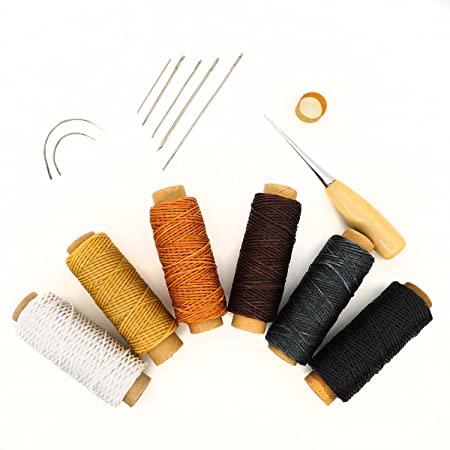 RMTIME 蝋引き糸 レザークラフト 15点セット 革 DIY 手作り 裁縫 ロウ引き糸 直径0.8mm 長さ50ｍ 6色 縫い糸用針 指守り輪 レザーツール 皮革 工具 手芸