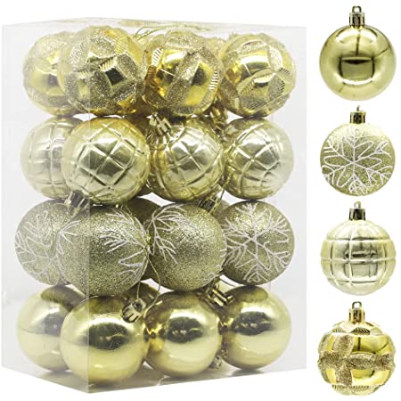 JOMA E-Shop 北欧風 クリスマス オーナメント キラキラ ボール（6cm） クリスマス ツリー 飾り 装飾 4種アソート 4個入り インテリア ツリー 飾り 雑貨 (ゴールド24個セット)