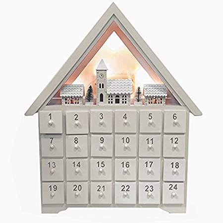 Christmas Advent Calendar クリスマス木製いアドベントカレンダーハウス24引き出しとLEDライト (28x6x33.5cm, White)
