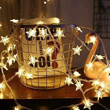イルミネーションライト LED ストリングライト 星 誕生日 飾り付け防水 6m 40球 電池式 点滅/常時点灯 室内室外 結婚式 お庭など対応 パーティー ライト 正月 クリスマス バレンタインデー 電飾 (電球色)