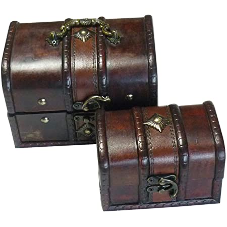 ANR 宝箱 木製 アンティーク調 大小2個セット 海賊 財宝 ジュエリーボックス アクセサリー 小物入れ (木目)