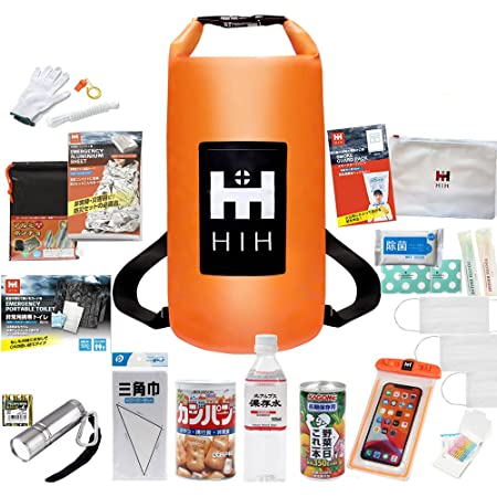 HIH 防災セット １人用 ハザードバック20 Advance 防水バッグに入った非常用持ち出し袋 CAP型簡易ヘルメット追加タイプ