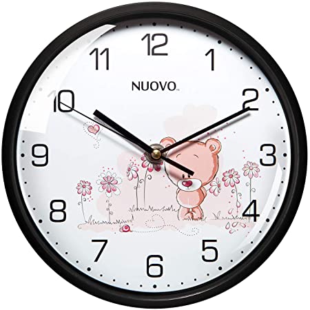 NUOVO 掛け時計 非電波 アナログ クロック サイレント ウォールクロック 小さい 熊柄 壁掛け時計 直径20cm 連続秒針 プラスチック枠 ブラック