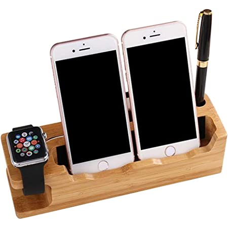 充電スタンド 竹製 スマホスタンド 木 充電 タブレットスタンド 卓上 Apple Watch スタンド 3 IN 1 多機能 充電スタンド 名刺収納 ペン立て iPhones/iPad/Nexus/Galaxy/タブレットPC スマートフォンなど充電対応 (A)