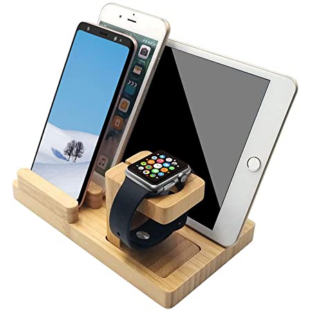 充電スタンド 竹製 スマホスタンド 木 充電 タブレットスタンド 卓上 Apple Watch スタンド 3 IN 1 多機能 充電スタンド 名刺収納 ペン立て iPhones/iPad/Nexus/Galaxy/タブレットPC スマートフォンなど充電対応 (A)