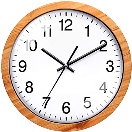 NUOVO 掛け時計 非電波 アナログ クロック サイレント ウォールクロック 木の色 数字 壁掛け時計 直径約26cm 連続秒針 プラスチック枠「木色塗装」 木目調