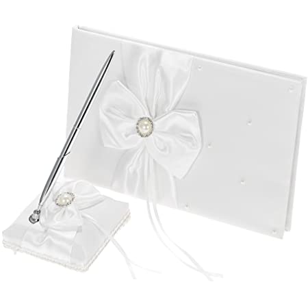 結婚式 芳名帳 ペン立てセット 白いサテンリボン製 署名ペン付 お祝い 贈り物 ウェディング用品