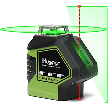 Huepar グリーン レーザー墨出し器 360°横フルライン 鉛直地墨点照射 緑色 レーザー クロスライン 自動水平 高輝度 高精度 ミニ型 【横フルライン1本＋出射角140°縦ライン１本＋天墨・地墨ポイントタイプ】621CG