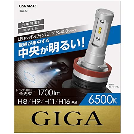 カーメイト 車用 LED ヘッドライト フォグランプ GIGA E3400シリーズ H8/H9/H11/H16共通 6500K 1700lm/1灯 車検対応 BW543