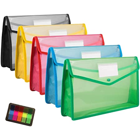 VANRA™ スナップフォルダ プラスチック封筒 ファイルフォルダーオーガナイザー ポケット ドキュメントレター A4レターサイズ ボタン留め オフィス 防水 5パック 4色