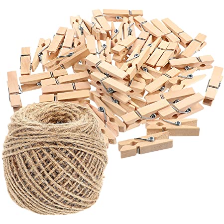 NUOLUX ミニクロスピン 木製ピンチ 麻ロープ 麻紐 DIY写真ガーランド 手芸用紐 （100個クリップ＋100M麻縄）