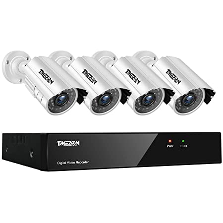 TMEZON 防犯カメラセット 4CH防犯防犯レコーダー＆ HD 1280TVL 720P画素　屋内屋外耐候性　CCTVカメラ ４台、モーションアラート、スマートフォン、PC簡単遠隔監視　対応 監視カメラ（HDDなし）