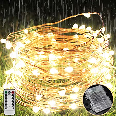 LEDイルミネーションライトAyasoon ジュエリーライト 100球 10m 電池式 リモコン付 8パターン 点滅 点灯 タイマー機能 防水 防塵仕様 屋外 室内 ガーデンライト 正月 クリスマス 飾り ストリングライト (ホワイト)