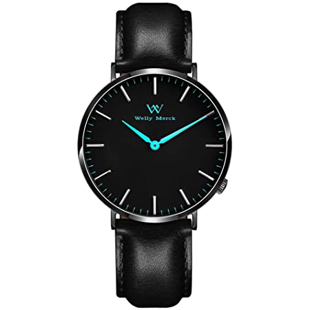 Welly Merck メンズ アナログ表示 スイスムーブメント 腕時計 本革ベルト ブラック 防水