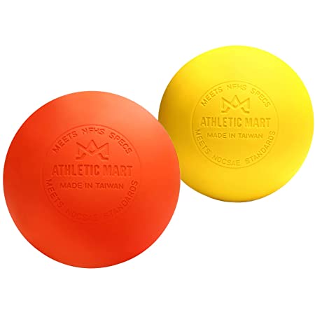 ATHLETIC MART マッサージボール 2個 [収納袋つき] ラクロスボール 公式試合球 ストレッチボール 筋膜リリース 肩 首 腰 太もも ふくらはぎ 足裏ツボ押し トリガーポイント 2カラー (オレンジ×イエロー)