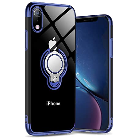 iPhone XR ケース リング付き 透明 TPU マグネット式 車載ホルダー対応 全面保護 耐衝撃 軽量 薄型 携帯カバー スクラッチ防止 滑り防止 アイフォンXrケース 6.1インチ専用 一体型(iPhone Xr ケース, ブルー)