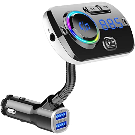 Cocoda FMトランスミッター Bluetooth 音楽再生 とらんすみったー Bluetooth 2つ充電ポート付き (5V/2.4A & 1A) 車載充電器 バッテリー電圧測定 青いライト付き ハンズフリー通話 Siri&Google Assistant/スマホ/SDカード/USBメモリに対応