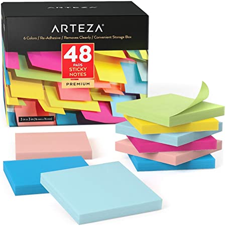 ARTEZA 3×3インチ付箋、48パッド、1パッドあたり100枚、バルクパック、アソートカラー、再接着可能、きれいに剥がせる、リマインダー、学習、オフィス、学校、家庭用