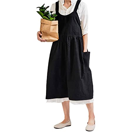 KON エプロン 女性用 リネン 北欧風 カフェ ポケット付き レディース シンプル ナチュラル ブラック