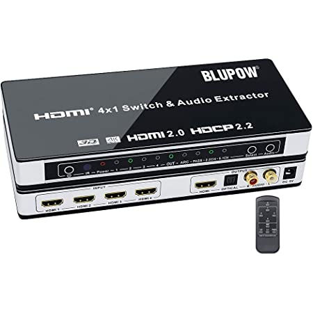 TESmart HDMI切替器 4 IN1 OUT HDMI セレクター 4K 60Hz 3D HDMI 切り替え器 4ポート HDMI 分配器 HDMI 切り替え HDCP2.2 HDR10対応 IRリモコン付 音声分離(光デジタル・R/Lアナログ音声出力)