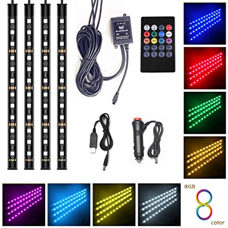 【Amazon限定ブランド】LETOUR 車内 led テープ ライト イルミネーション 5050RGB 18LED×4本 72LED 高輝度フットライト 足下照明 車内装飾 音に反応 全8色に切替 防水 リモコンとカーチャージャー付き