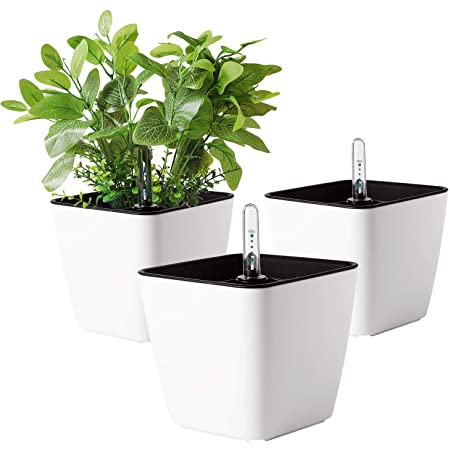 T4U 13.5cm 植木鉢 自己給水プランター 水位計付き 現代風 フラワーポット 観葉植物 多肉植物 花 ハーブ サボテン適用 白 3点セット