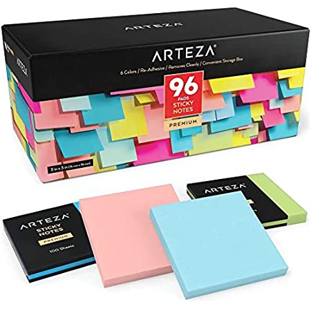 ARTEZA 3×3 Inches Sticky Notes, 96 Pads, 100 Sheets Per Pad, Bulk Pack, Assorted Colors, Re-Adhesive, Clean Removal, for Reminders, Studying, Office, School, and Home