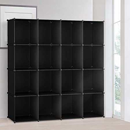 SIMPDIY 本棚 大容量 整理棚 ワイヤー収納ラック 組み立て式 衣類収納ボックス 便利な ワードローブ – 黒（16ボックス）