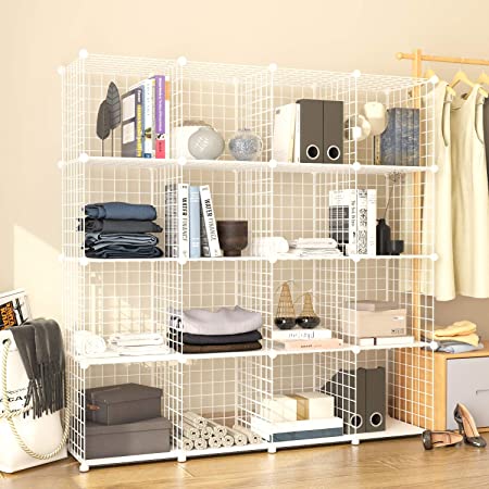 SIMPDIY 本棚 大容量 整理棚 ワイヤー収納ラック 組み立て式 衣類収納ボックス 便利な ワードローブ – 白（16ボックス）