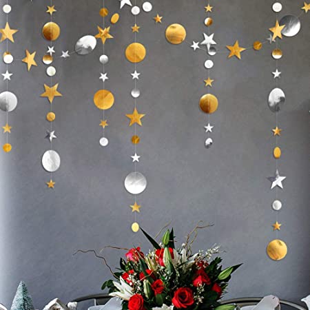 3本  ペーパーガーランド 丸形 星形 飾り 写真小物 金・銀色 キラキラ パーティー イベント 店舗 装飾