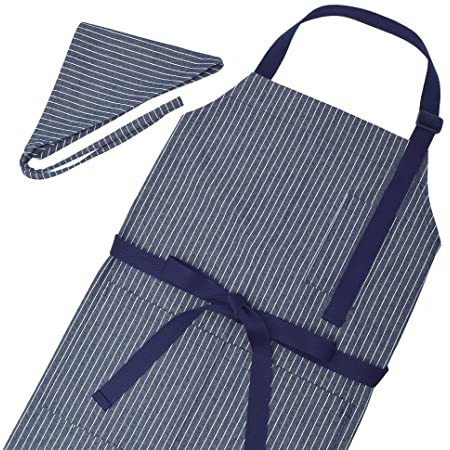 エプロン(150～フリーサイズ)三角巾付き ピンストライプ・インディゴ NC500520