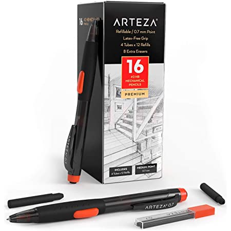 Arteza HBシャープペンシルパック16本パック、0.7mm ミディアムポイントリード、リフィル48個、交換可能消しゴムと予備消しゴム8個、ラテックスフリーグリップ