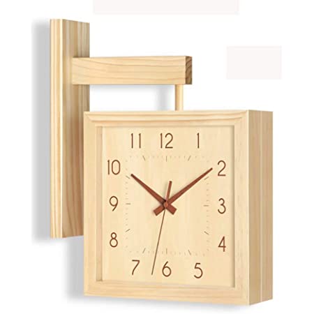 クロック デザイン 時計 壁掛け時計 おしゃれ 木製掛け時計 両面創意クロック 無垢 木製指針 四角い 木製時計 天然木 連続秒針 静音 部屋装飾 プレゼント YKFN