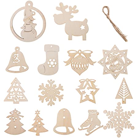 Kesote クリスマスツリー オーナメント 飾り 30個入り 15デザイン 木製 クリスマス デコレーション 雪の結晶 ベール 靴下 飾り付け 北欧 ストラップ 置物 30本麻紐付き