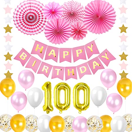 100日お祝い　飾り付け　女の子　子供　パーティー飾り　ピンク　ゴールド　誕生日　記念日　星のガーランド　HAPPY BIRTHDAY　バナー　光沢バルーン