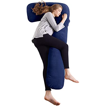 【Amazon.co.jp 限定】クモリ(Kumori) 抱き枕 洗える 横向き寝 枕 綿・ネイビー 標準-120X50X20cm タツノオトシゴ型 綿100%カバー付き