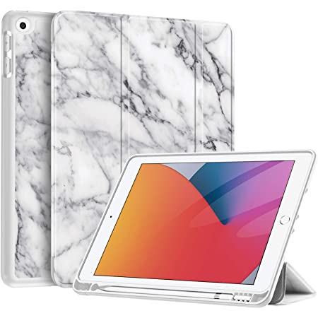 Fintie iPad 8 ケース 2020 iPad 10.2 ケース 第7世代 2019 / 第8世代 2020 半透明バックカバー Apple Pencil 収納可能 三つ折スタンド スリープ機能 軽量 薄型 傷つけ防止 PU iPad 10.2インチ(2020/2019) (モデル番号A2197、A2198、 A2200)（柄 マーブルホワイト）