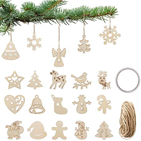 Atpwonz 50枚セット クリスマスツリー オーナメント 木製 雪の結晶型 ぶら下げ 小物 5メートル麻紐付き クリスマス飾り