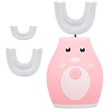 U字型の子供の超音波電動歯ブラシ、ソフトシリカゲルブラシヘッド、2つのブラシヘッド、タイマー付き漫画歯ブラシキッズ幼児 (青)