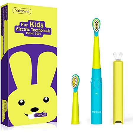 U字型の子供の超音波電動歯ブラシ、ソフトシリカゲルブラシヘッド、2つのブラシヘッド、タイマー付き漫画歯ブラシキッズ幼児 (青)